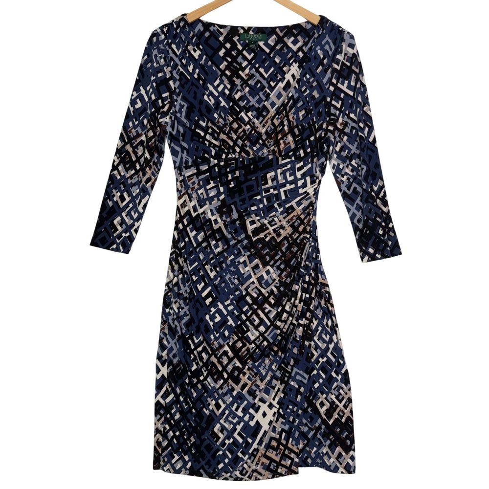 Lauren Ralph Lauren Womens‎ Size 4 Blue Geometric Faux Wrap Dress Ruched Stretch